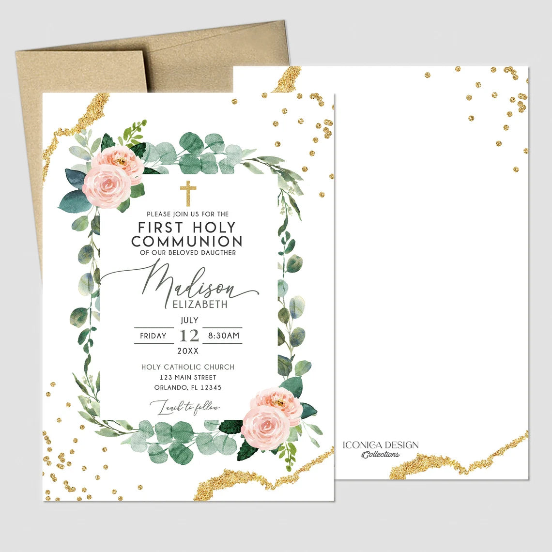 First Communion invitation girl, First holy communion invitation, Elegant Invitations Blush Pink Greenery Gold, invitaciones comunion
