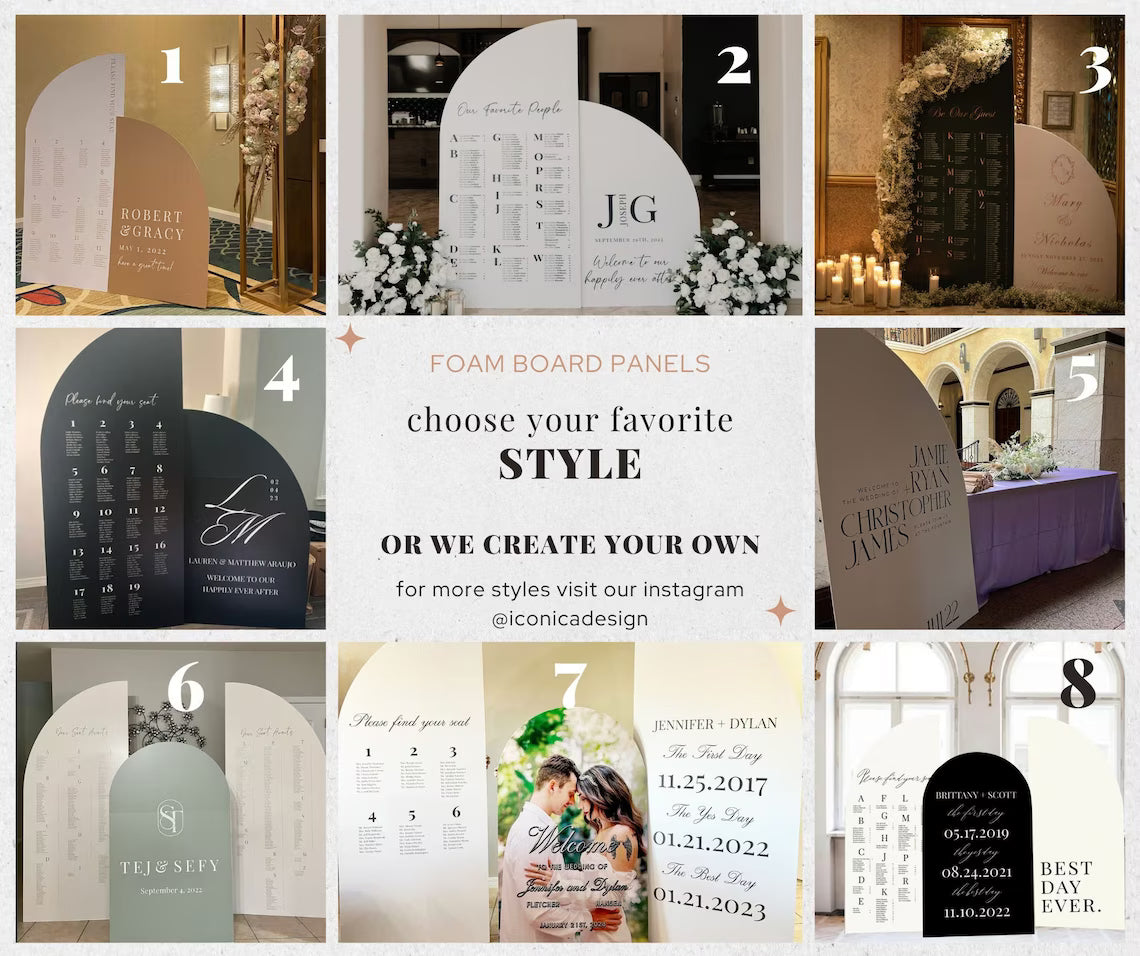 Large Wedding Seating Chart Foam Arched Panel with easel Entrance Sign, Wedding Itinerary Sign, Custom text, color, Light Weight Indoor use