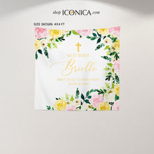 Load image into Gallery viewer, First Communion Party Decor, God Bless Personalized Backdrop, Floral Pink,Gold,Ivory Photo Backdrop,Communion Party Decor, BFC0017
