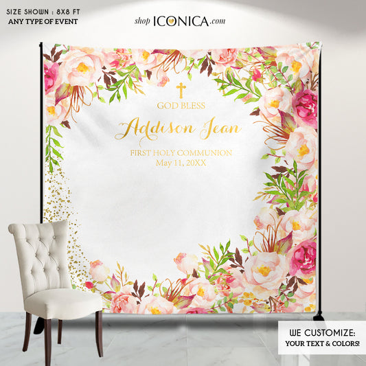 First Communion Photo Booth Backdrop, Floral Custom Step And Repeat Banner,Religious Banner, Boho Floral Banner BFC0018