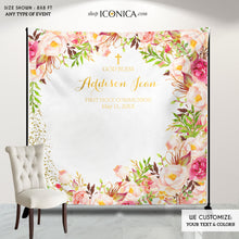 Load image into Gallery viewer, First Communion Photo Booth Backdrop, Floral Custom Step And Repeat Banner,Religious Banner, Boho Floral Banner BFC0018
