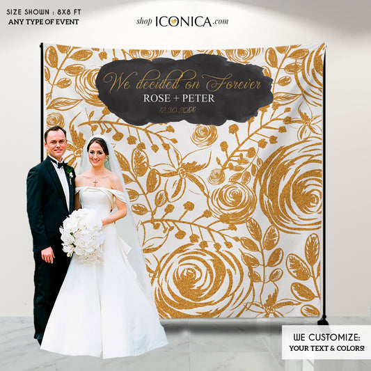 Forever in Love Wedding Decor, Gold and Black banner, Engagement party decor Personalized backdrop, Floral Wedding backdrop,any text BWD0046