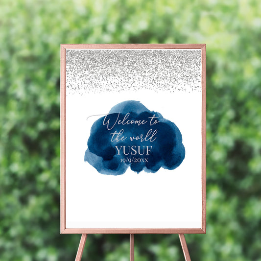 Navy Blue Watercolor Welcome Sign, Blue and Silver Welcome Baby Sign, Blue Welcome Sign, Baby Boy Shower, Printed