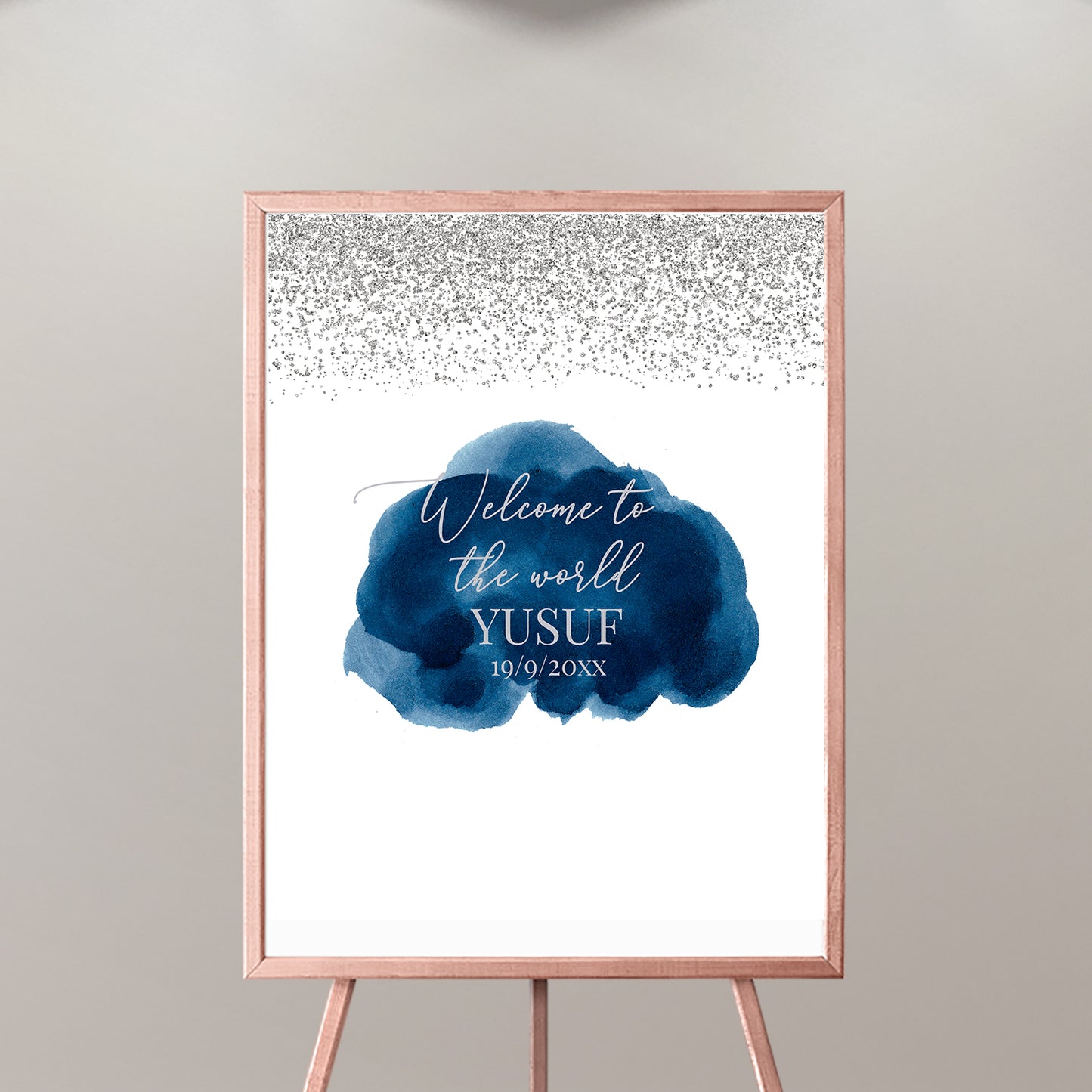 Navy Blue Watercolor Welcome Sign, Blue and Silver Welcome Baby Sign, Blue Welcome Sign, Baby Boy Shower, Printed