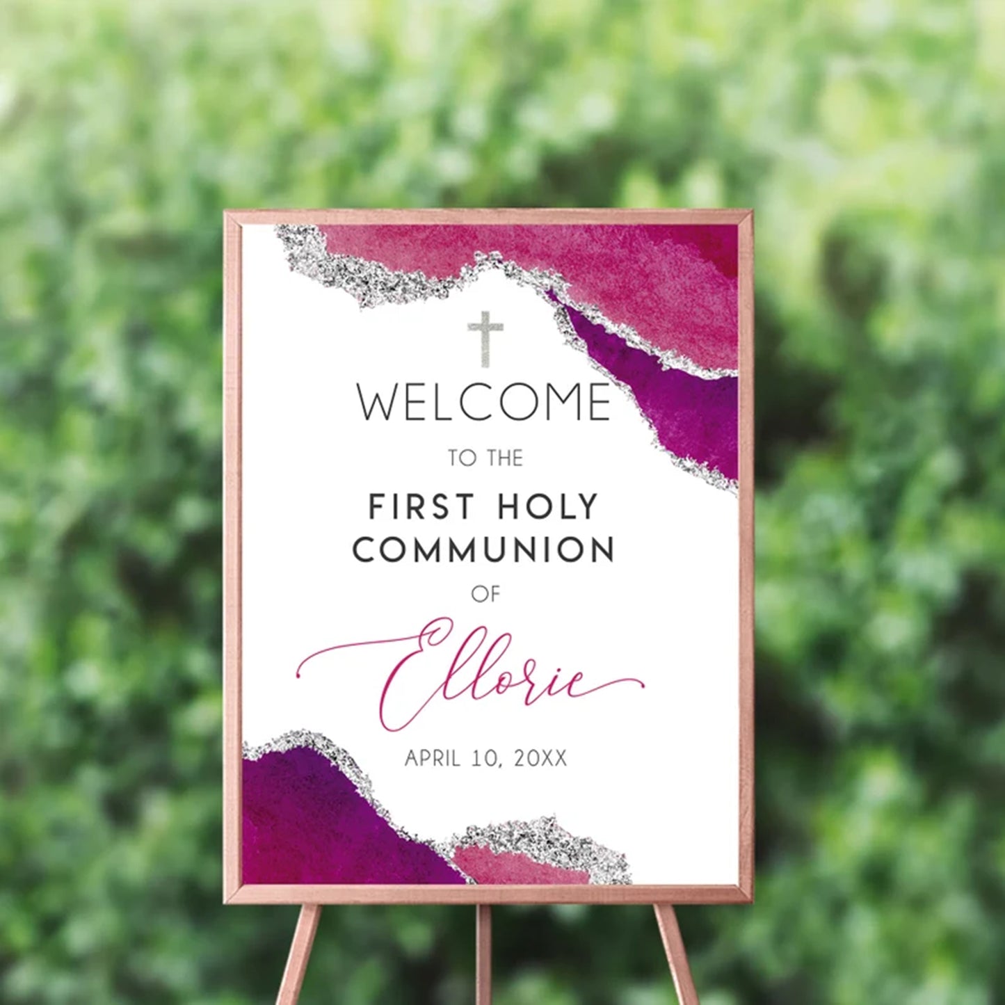 First Communion Invitation Girl Elegant Geode Event Paper Set,Geode Hot Pink Communion Collection,Any Religious Event,more colors available