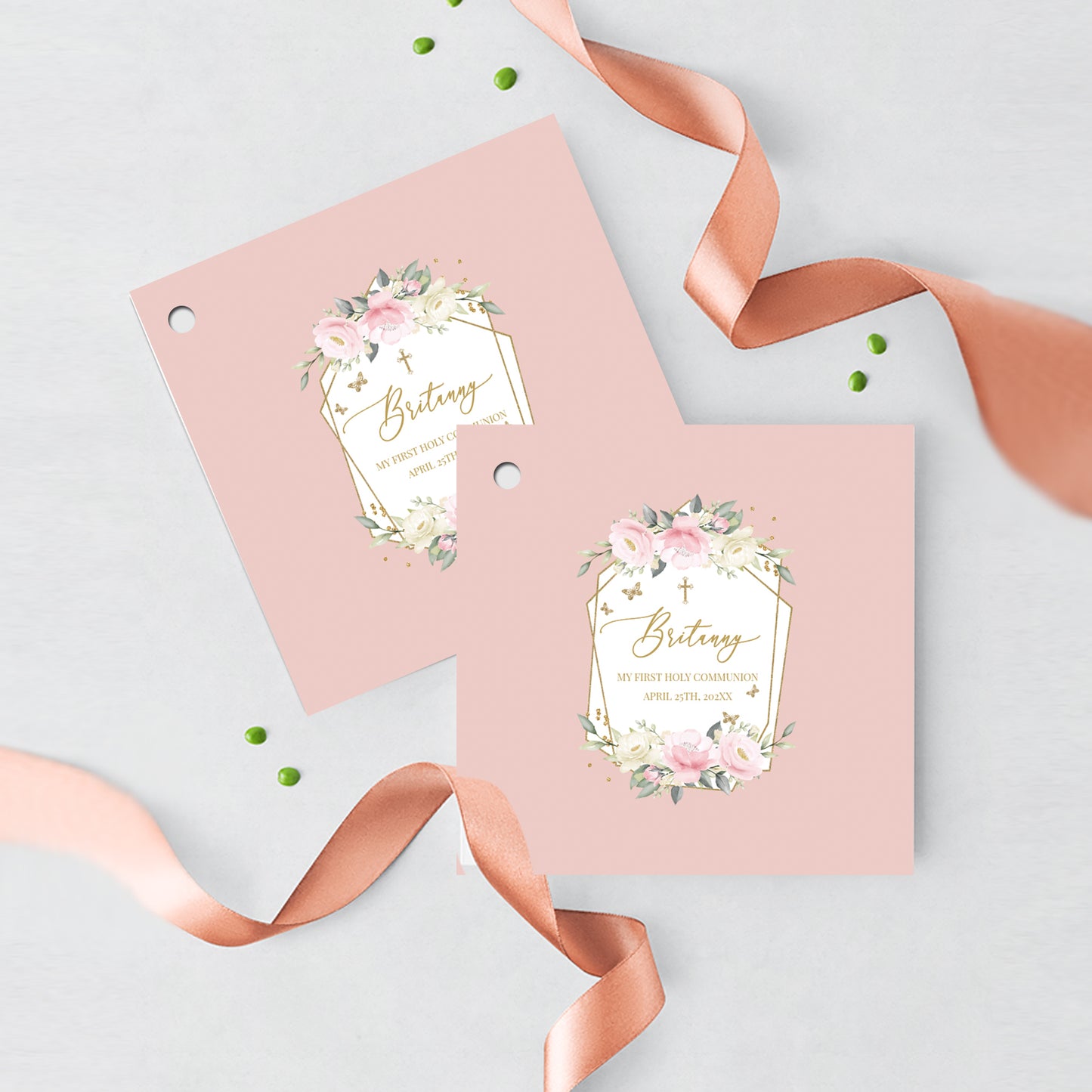 First Communion Invitation Girl Elegant Event Paper Set, Pink Floral and Butterflies Communion Collection, Any Religious Event