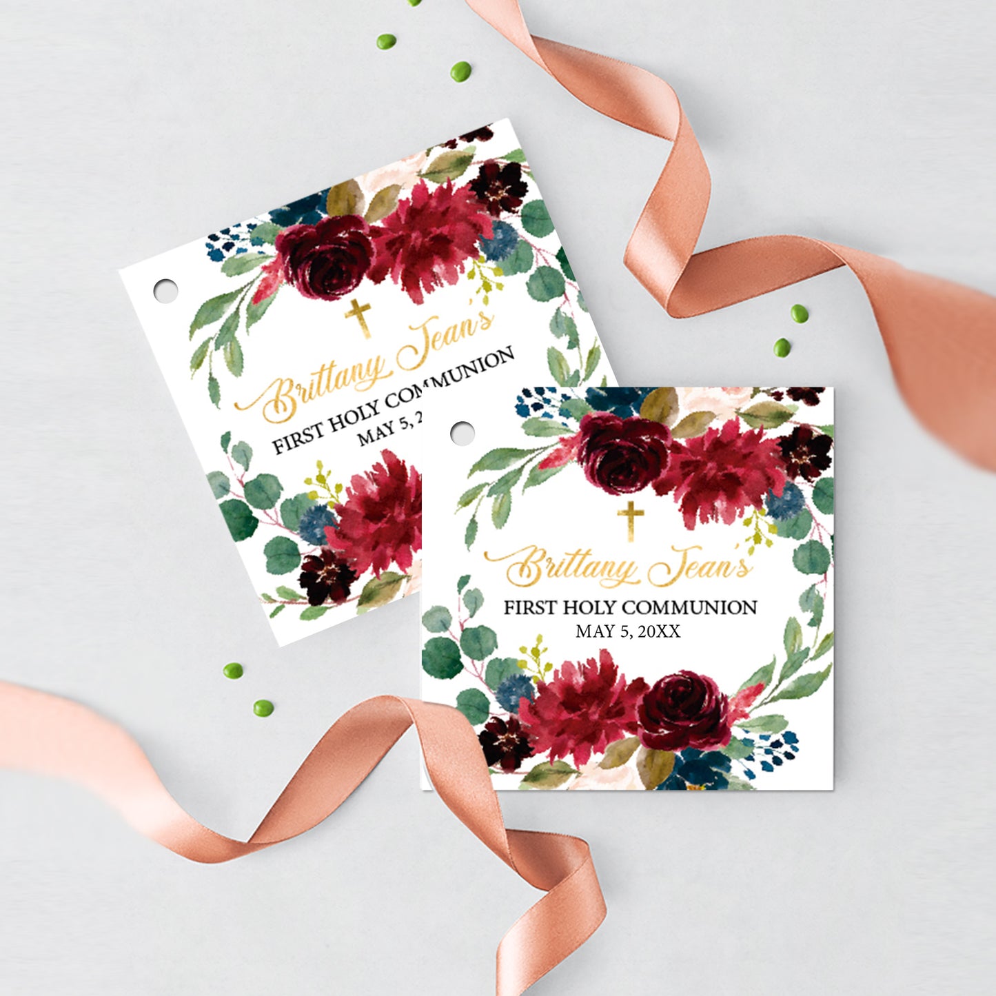 First Communion Invitation Girl Elegant Event Paper Set, Greenery Pink Blush Floral Simple and Elegant Communion Collection, Any Event