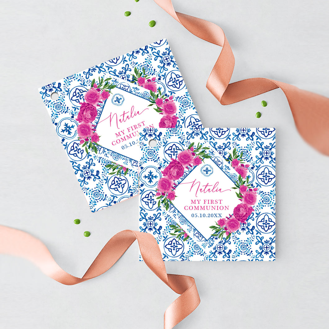 Tuscan Pink Floral First Communion Favor Tags
