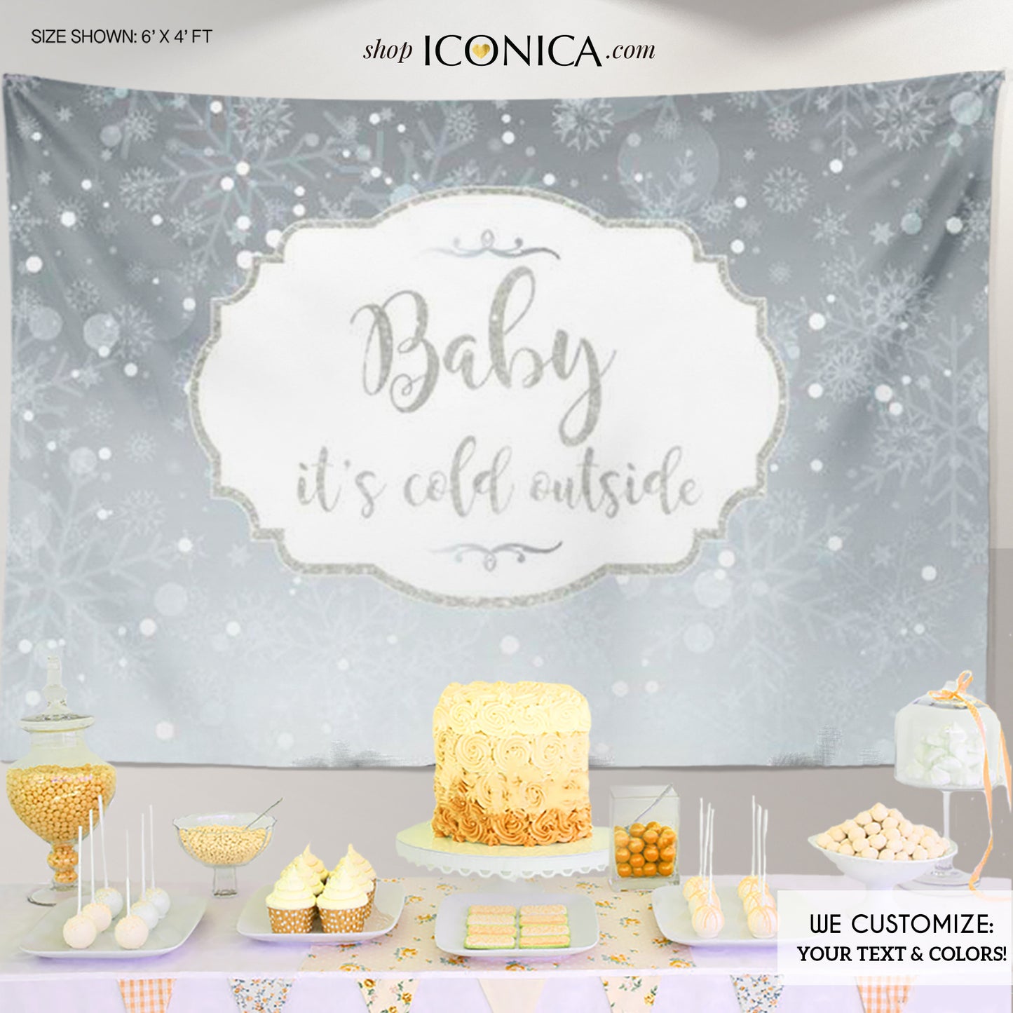 Holiday Party Backdrop Silver Snowflakes "Baby it's cold outside" Party Banner Christmas Party - Printed BAE0013