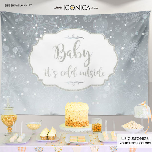 Holiday Party Backdrop Silver Snowflakes "Baby it's cold outside" Party Banner Christmas Party - Printed BAE0013