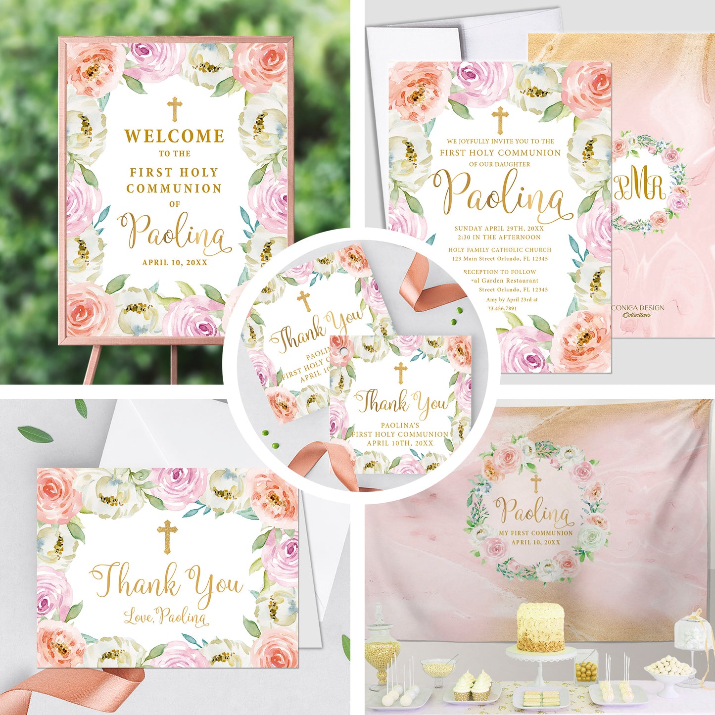 First Communion Invitation Girl Elegant Event Paper Set, Pink Purple Peach Floral and Marbled Design Communion Collection, Any Event