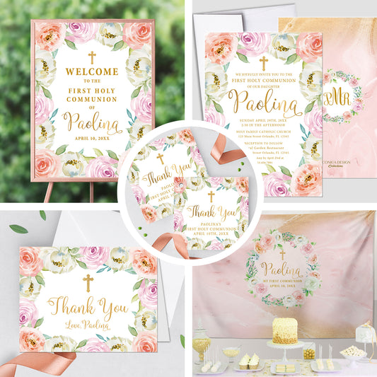 First Communion Invitation Girl Elegant Event Paper Set, Pink Purple Peach Floral and Marbled Design Communion Collection, Any Event