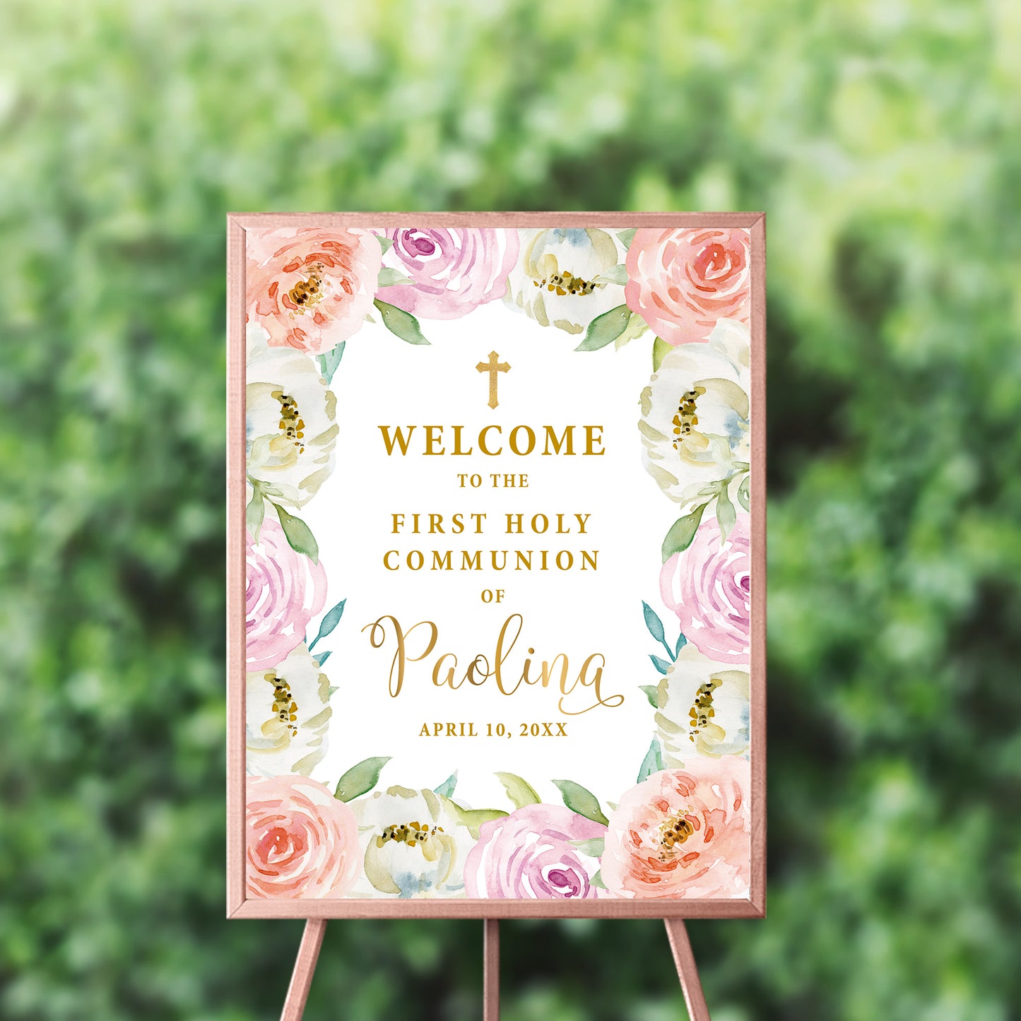 First Communion Invitation Girl Elegant Event Paper Set, Pink Purple Peach Floral and Marbled Design Communion Collection, Any Event