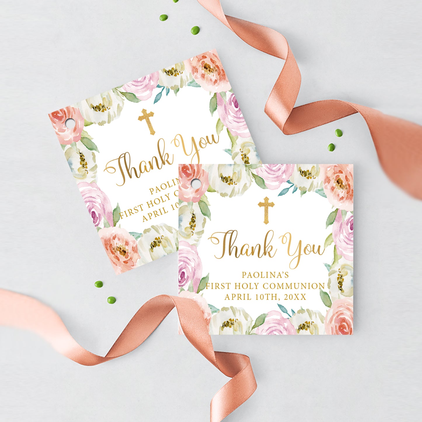 First Communion Invitation Girl Elegant Event Paper Set, Pink Purple Peach Floral and Marbled Design Communion Collection, Any Event
