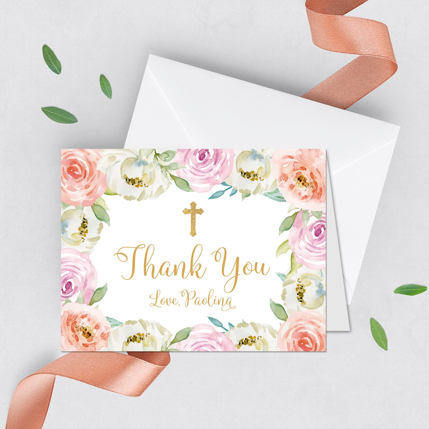 First Communion Invitation Girl Elegant Event Paper Set, Pink Purple Peach Floral and Marbled Design Communion Collection, Any Event