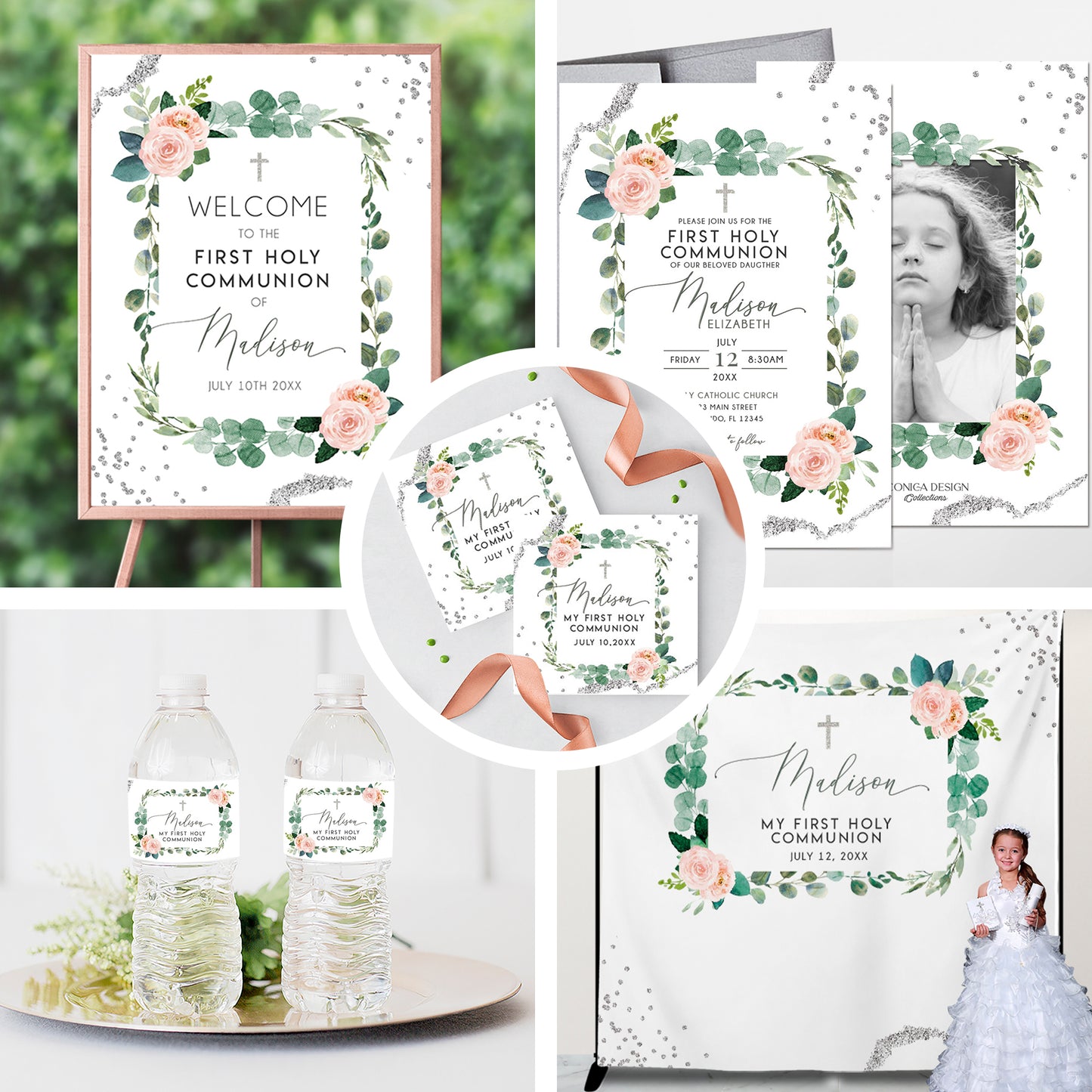 First Communion Invitation Girl Elegant First Communion Decorations for Girl Event Paper Set, Greenery Pink Blush Floral Simple and Elegant