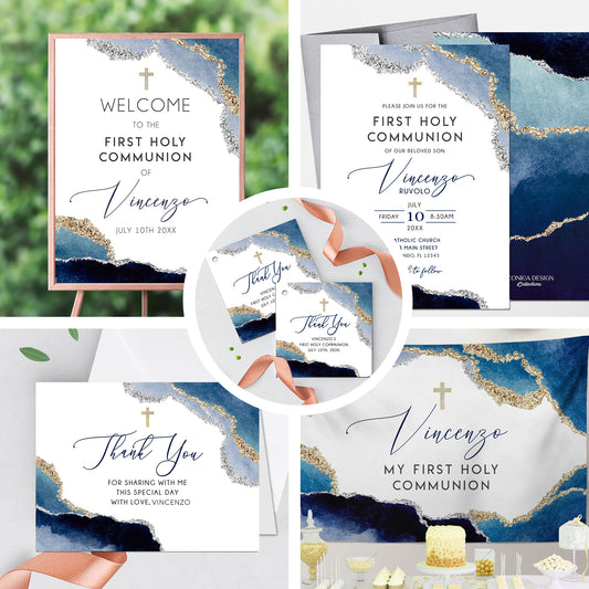 First Communion Invitation Boy Elegant Geode Event Paper Set,Geode Navy Gold Communion Collection,Any Religious Event,more colors available