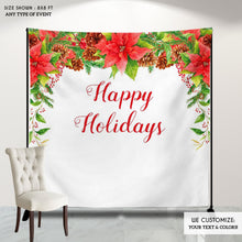 Load image into Gallery viewer, Holiday Party Photo Booth Backdrop, Christmas Party backdrop, Happy Holidays Backdrop, Floral Poinsettia Decor, Printed
