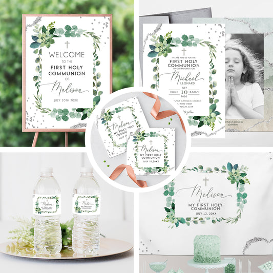 First Communion Invitation Boy or Girl Elegant First Communion Decorations Event Paper Set, Greenery Simple and Elegant Collection