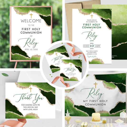 First Communion Invitation Boy Elegant Geode Event Paper Set,Geode Green Gold Communion Collection,Any Religious Event,more colors available