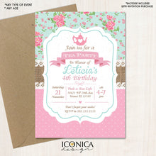 Load image into Gallery viewer, Shabby Chic Tea Party Birthday Party Invitation - Burlap - Poka Dots - Aqua and Pink Floral Invite | Printed or Printable File Free Shipping
