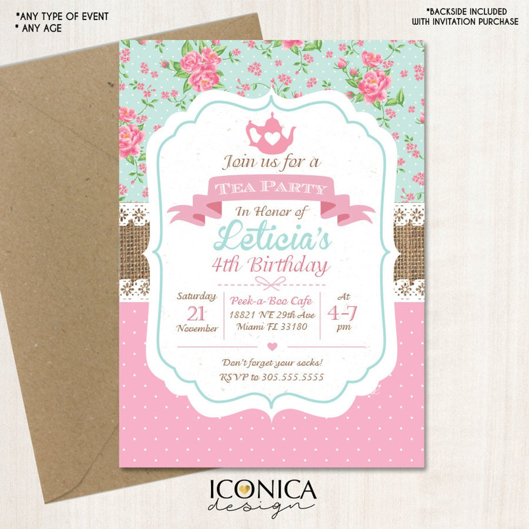 Shabby Chic Tea Party Birthday Party Invitation - Burlap - Poka Dots - Aqua and Pink Floral Invite | Printed or Printable File Free Shipping