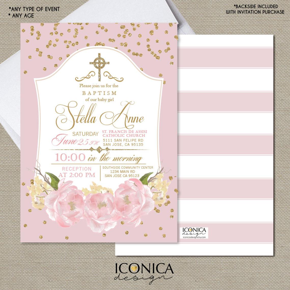 Christening Invitation, Gold & Pink Gold Glitter Floral Invite Pink Peony Baptism Party Invite Printed, Printable File Free Shipping ICH0002