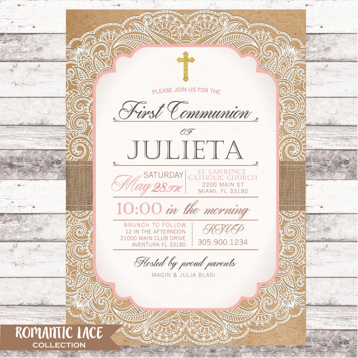 First Communion Invitation - Romantic Lace - Vintage Kraft Paper Burlap Blush Pink Ivory - Printed Printable File - Free Shipping - IFC0001