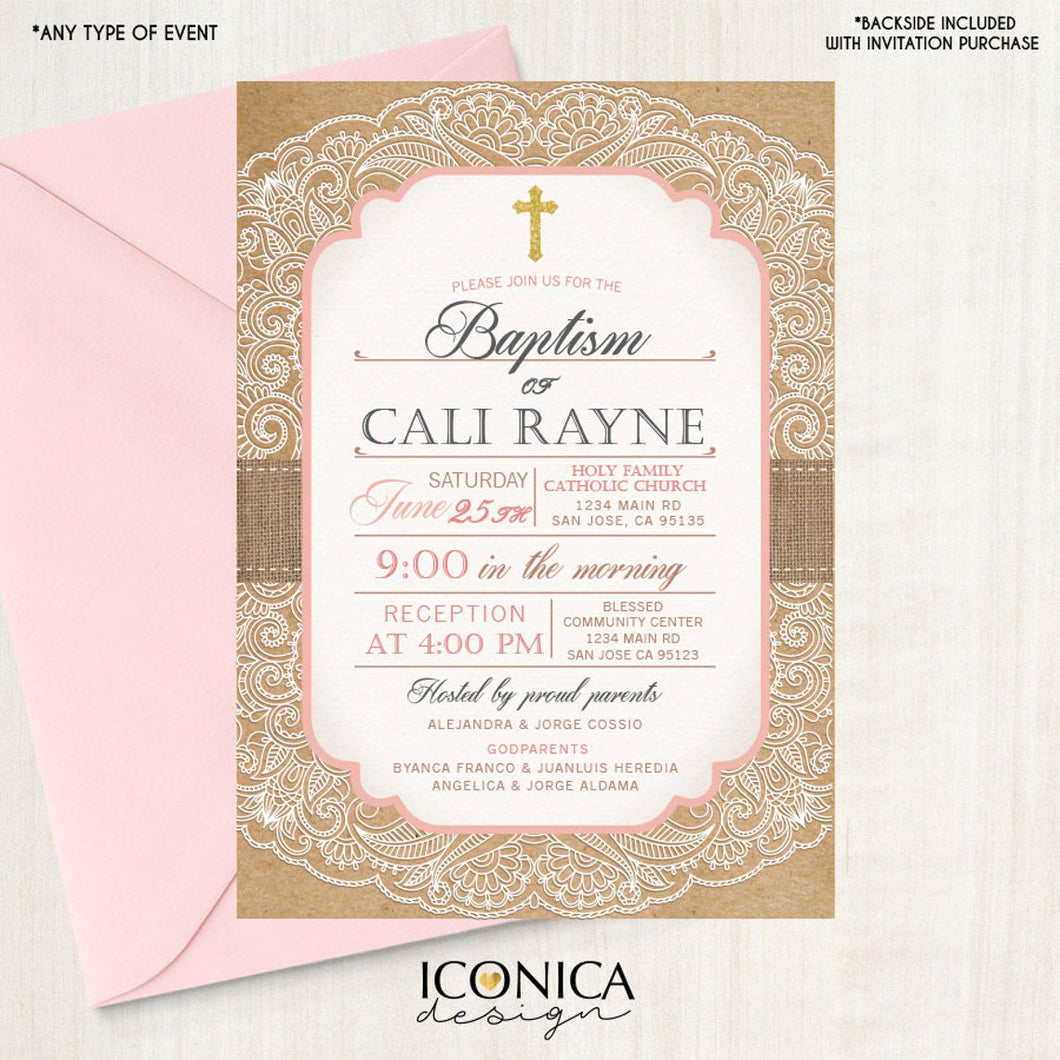 Baptism Invitation - Girl Romantic Lace Invite - Vintage Rustic || Kraft Paper Background | Printed Or Printable File Free Shipping Ibp0004