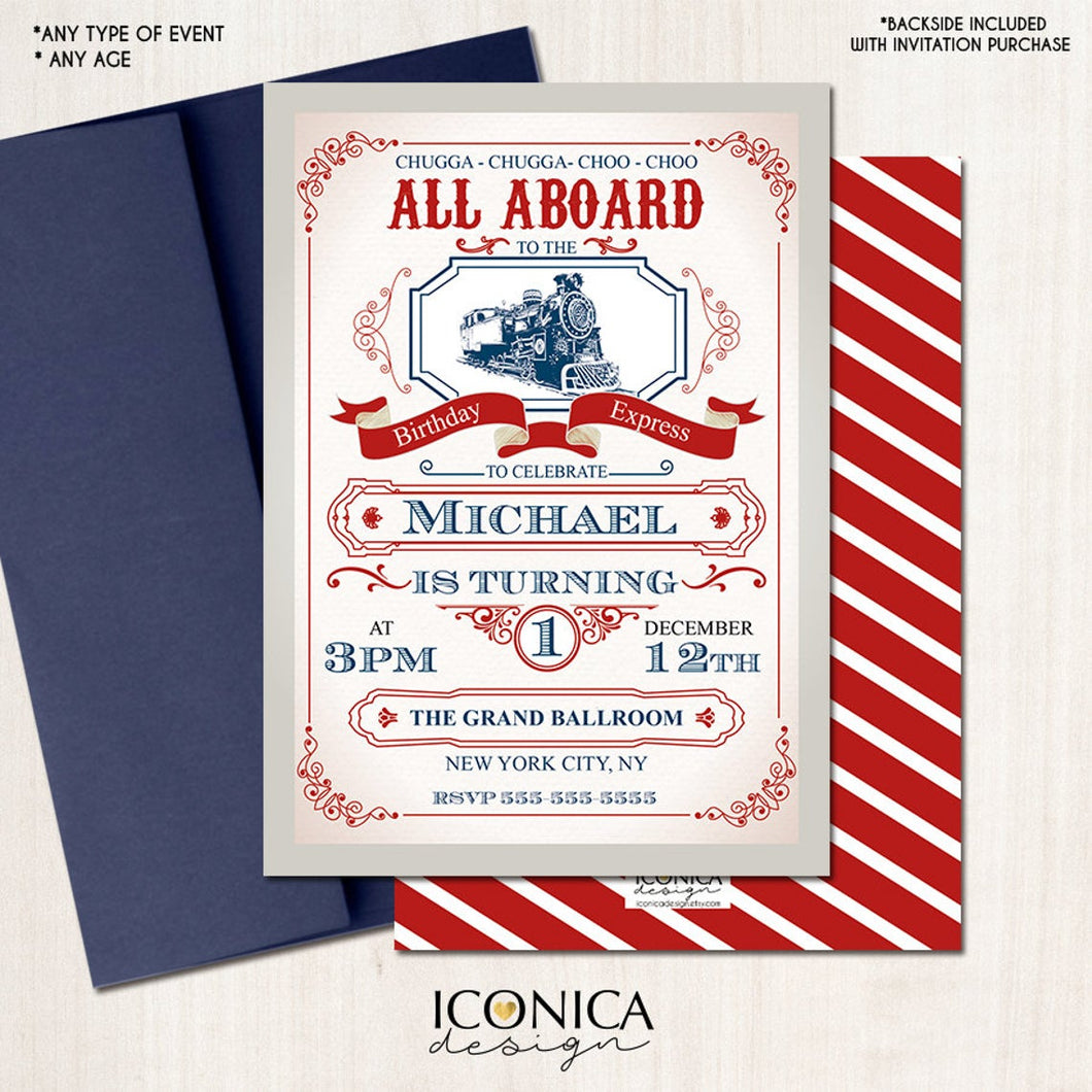 Train Birthday Invitation - Vintage - Birthday Express All aboard - Train Party - Any Age - Printed or Printable File Free Shipping IBD0004