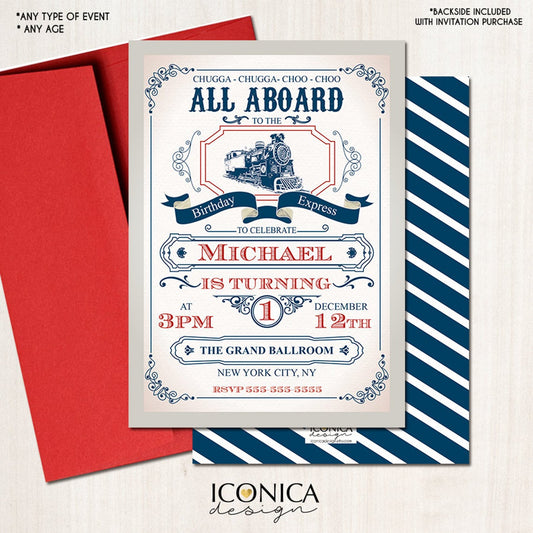 Train Birthday Invitation - Vintage Train Invitation Red and Blue Choo Choo Party Any Age - Printed or Printable File Free Shipping IBD0049