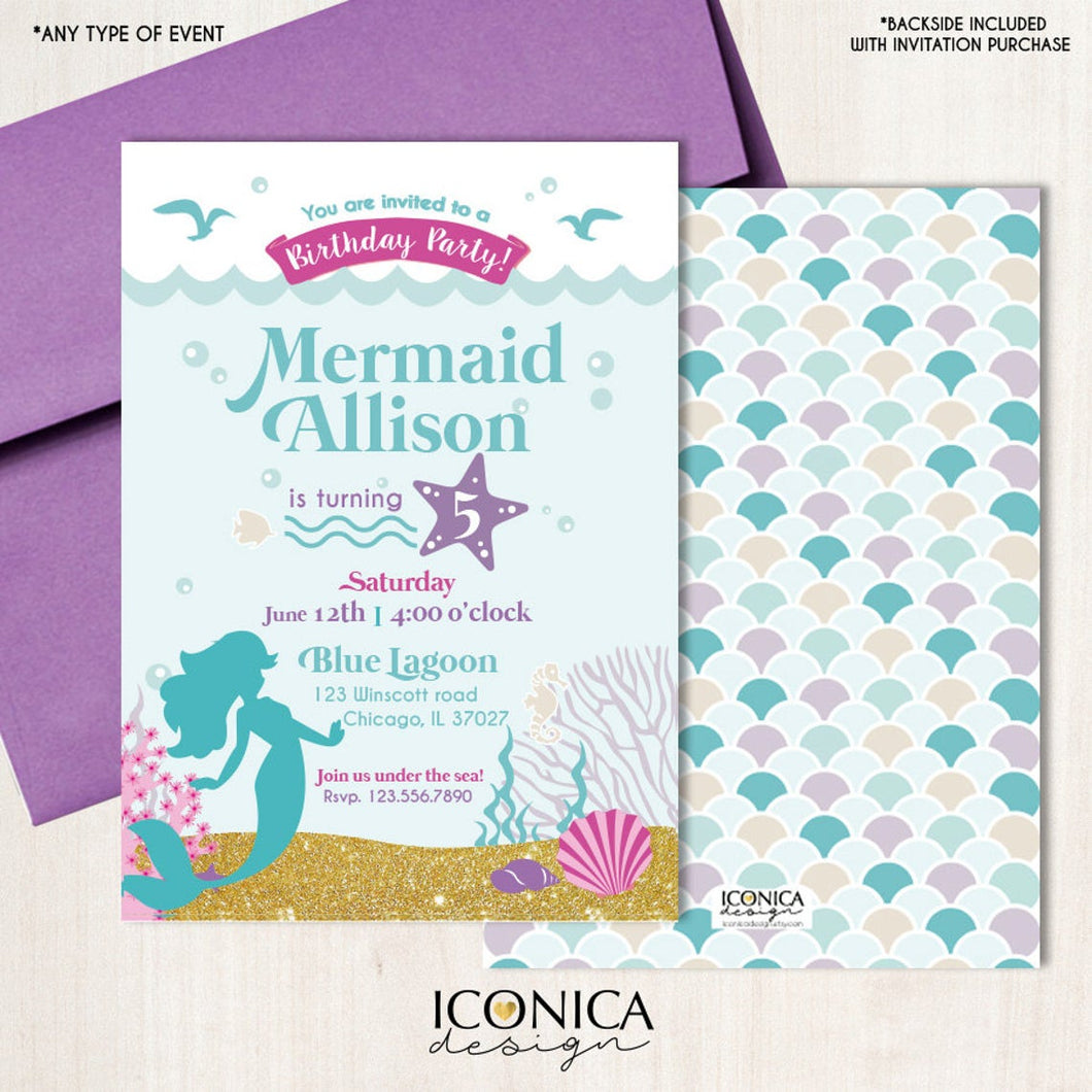 Mermaid Birthday Party Invitation - Mermaid 1st Birthday Party or any age, Aqua Purple mermaid invitation, Printed or Printable File IBD0045