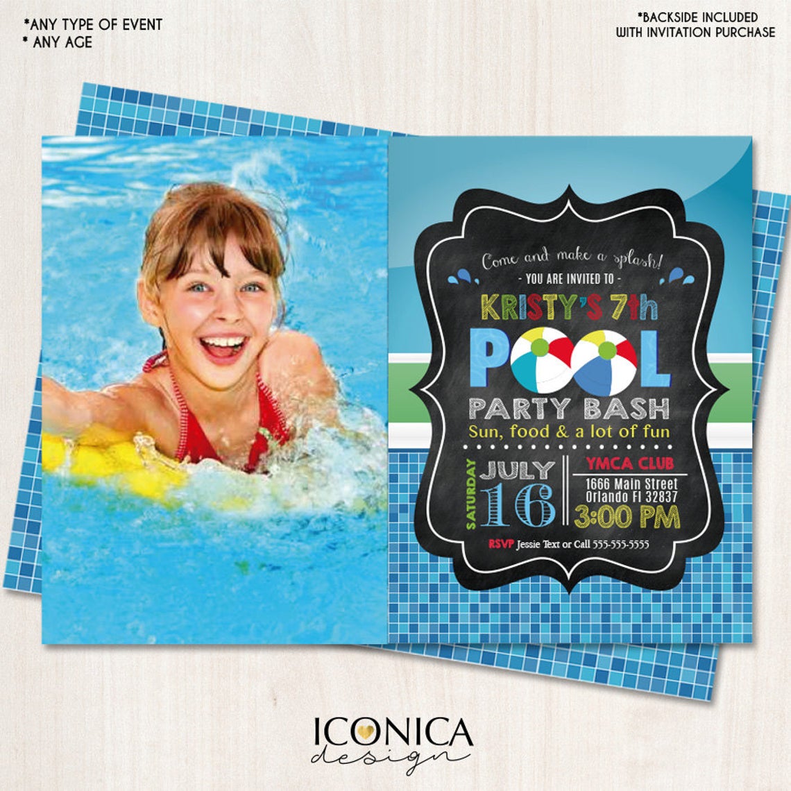 Girl Pool Party Invitation Swimming Pool Birthday Invitation | Summer Girl Party Invitation Beach Birthday Printed or Printable File