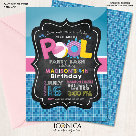 Girl Pool Party Invitation Swimming Pool Birthday Invitation | Summer Girl Party Invitation Beach Birthday Printed or Printable File