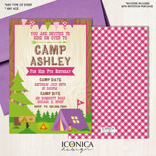 Load image into Gallery viewer, Girl Camping Birthday Invitation Camp out Invitation Party || Pink Ginghams || Any type of event || Any Age || Any Color || Printed or Printable File
