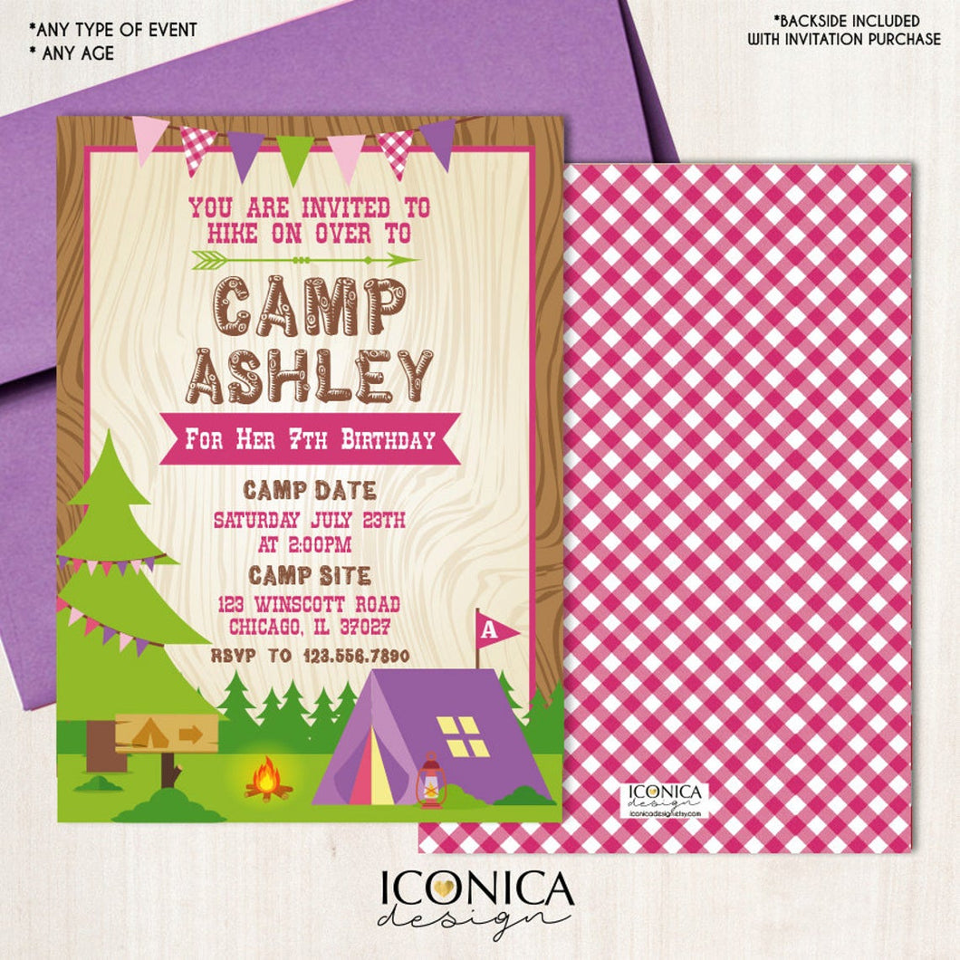 Girl Camping Birthday Invitation Camp out Invitation Party || Pink Ginghams || Any type of event || Any Age || Any Color || Printed or Printable File