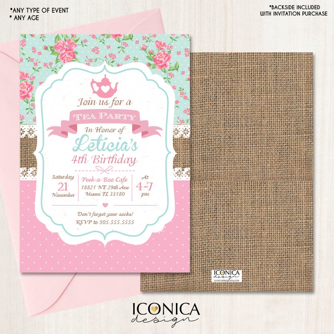 Shabby Chic Tea Party Birthday Party Invitation - Burlap - Poka Dots - Aqua and Pink Floral Invite | Printed or Printable File Free Shipping