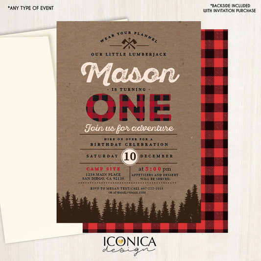 Lumberjack First Birthday Invitation Buffalo Plaid Wilderness Lumberjack Invitation - Printed or Printable File Free Shipping Ibd0001