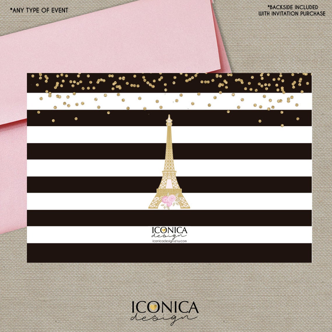 French Postcard Birthday Invitation BLACK & WHITE Stripes Paris Party Gold Glitter Floral Invite Printed or Printable Free Shipping IBD0022
