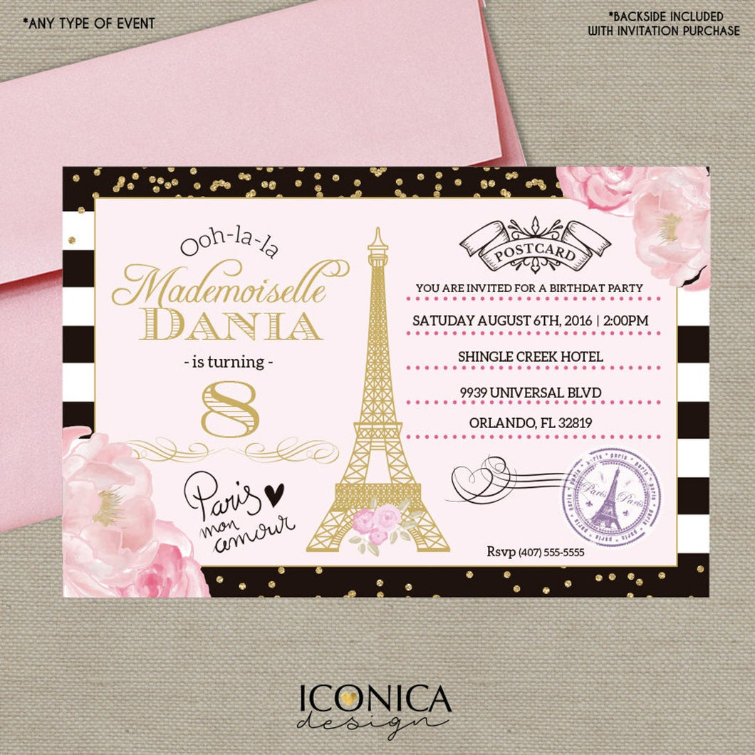 French Postcard Birthday Invitation BLACK & WHITE Stripes Paris Party Gold Glitter Floral Invite Printed or Printable Free Shipping IBD0022