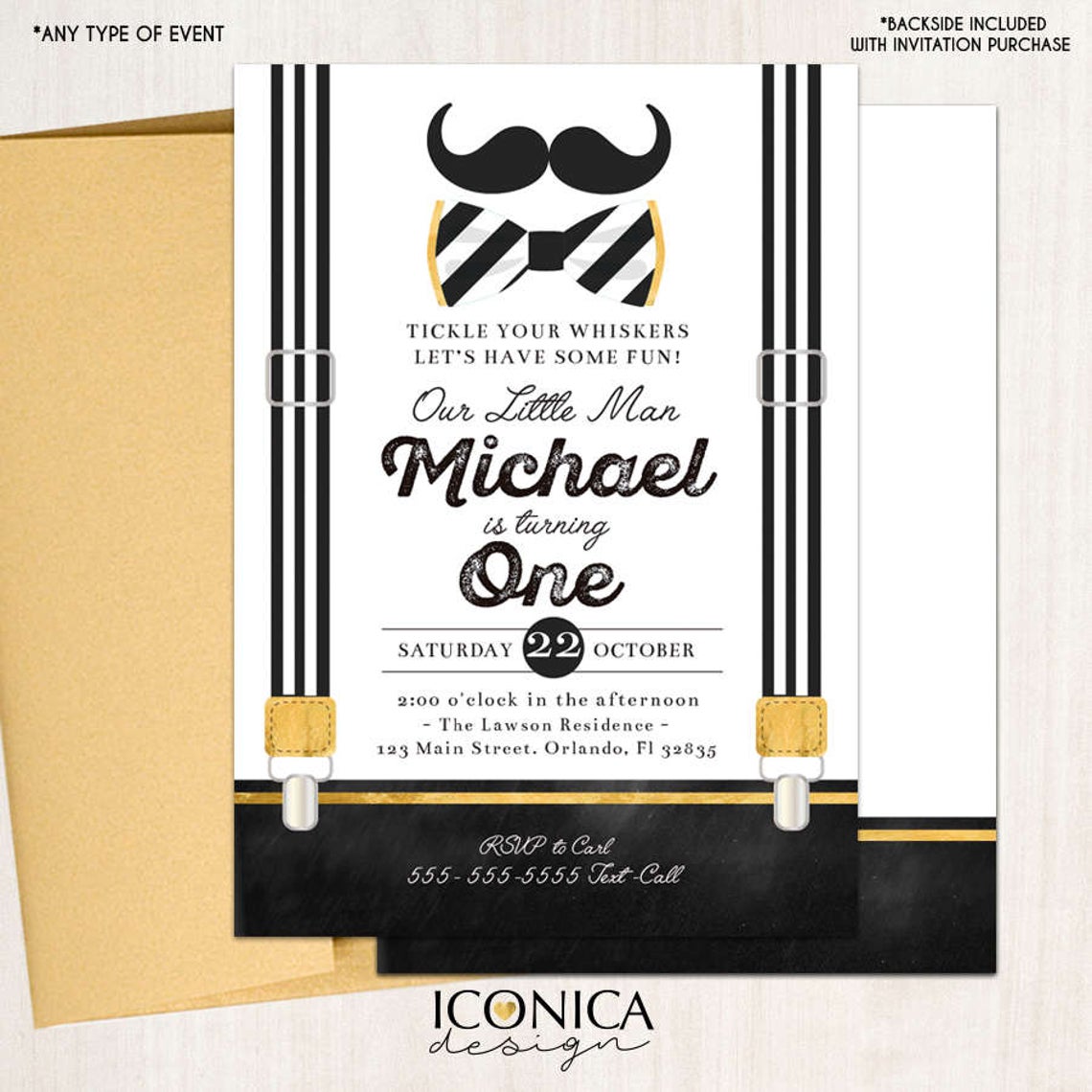 Little Man First Birthday Invitation Mustache Black and White Birthday Bowtie Party Any Age Printed or Printable File Free Shipping IBD0019