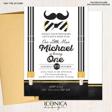 Load image into Gallery viewer, Little Man First Birthday Invitation Mustache Black and White Birthday Bowtie Party Any Age Printed or Printable File Free Shipping IBD0019
