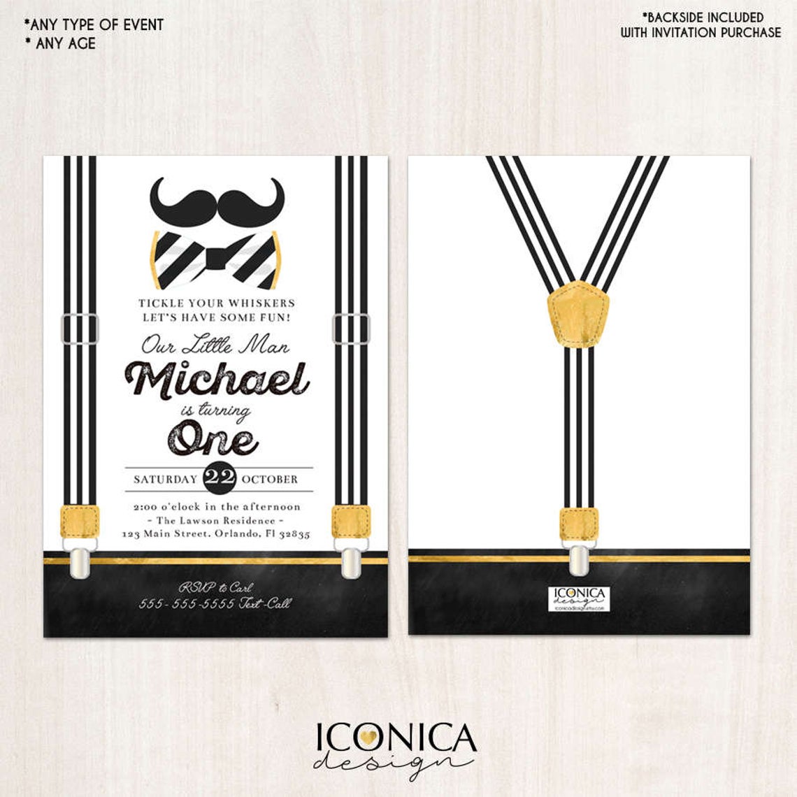 Little Man First Birthday Invitation Mustache Black and White Birthday Bowtie Party Any Age Printed or Printable File Free Shipping IBD0019