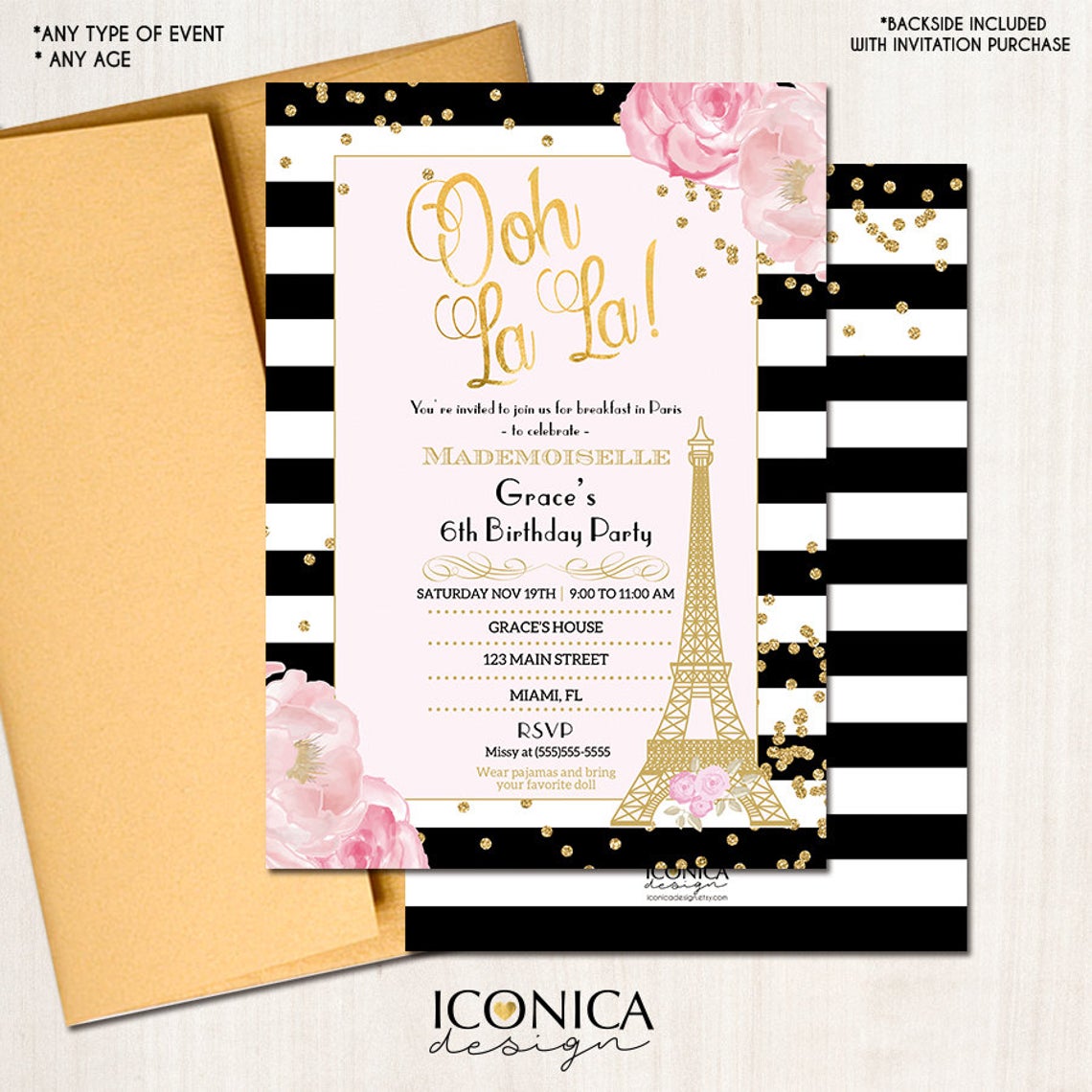 Paris Invitation, French Birthday Invitation, BLACK and WHITE Stripes, Floral Paris Invite, Printed or Printable File Free Shipping IBD0021