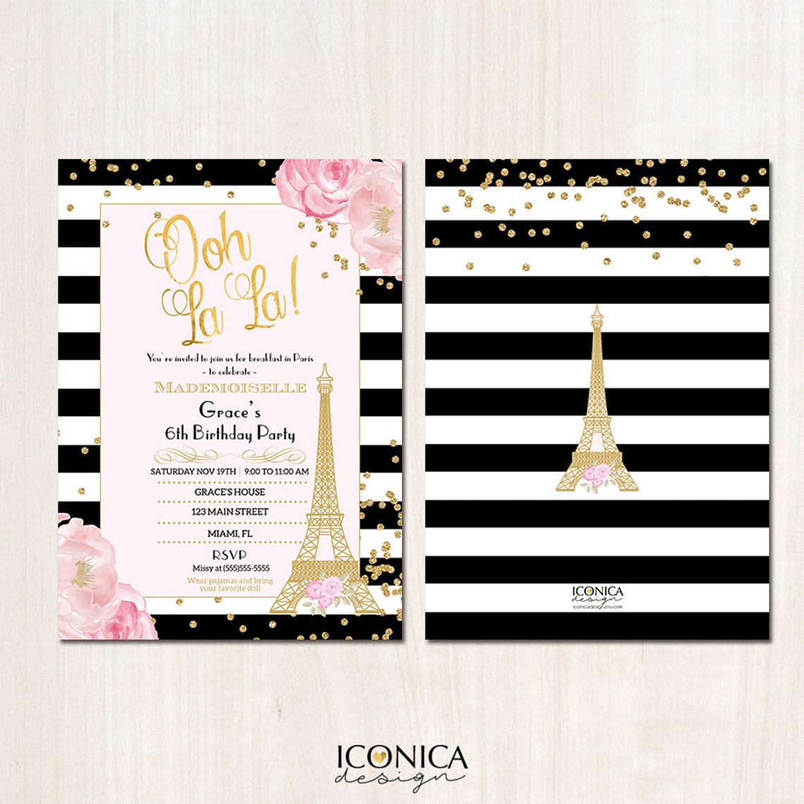 Paris Invitation, French Birthday Invitation, BLACK and WHITE Stripes, Floral Paris Invite, Printed or Printable File Free Shipping IBD0021