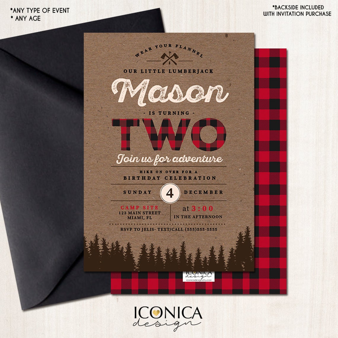 Lumberjack First Birthday Birthday Invitation Buffalo Plaid Wilderness Lumberjack Invitation Printed or Printable File Free Shipping IBD0011