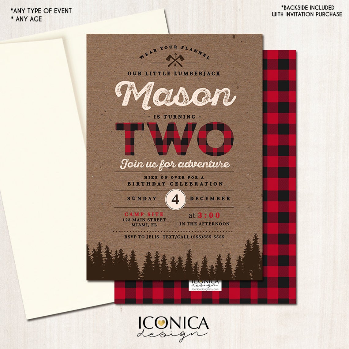 Lumberjack First Birthday Birthday Invitation Buffalo Plaid Wilderness Lumberjack Invitation Printed or Printable File Free Shipping IBD0011