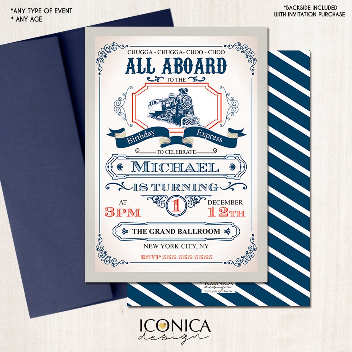 Train Birthday Invitation - Vintage Train Invitation Red and Blue Choo Choo Party Any Age - Printed or Printable File Free Shipping IBD0049