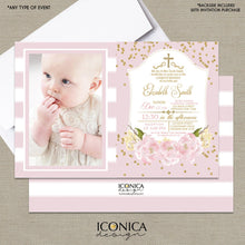 Load image into Gallery viewer, BAPTISM Invitation GOLD &amp; PINK Gold Glitter Floral Invite Pink Peony Christening Party Invite Printed - Printable File Free Shipping ICH0001
