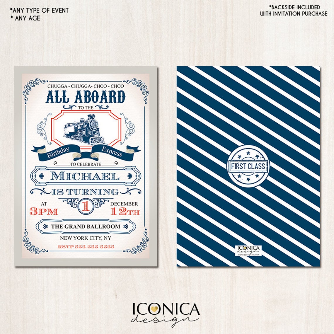 Train Birthday Invitation - Vintage Train Invitation Red and Blue Choo Choo Party Any Age - Printed or Printable File Free Shipping IBD0049